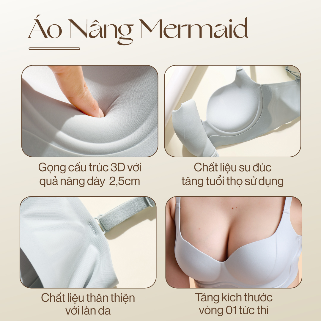 Áo ngực su Mermaid Blovelan có mút dày 2,5cm độn ngực tạo khe ngực - Màu xám, xánh lá, đen, da